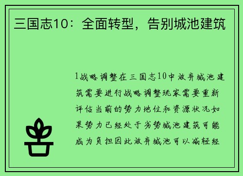 三国志10：全面转型，告别城池建筑